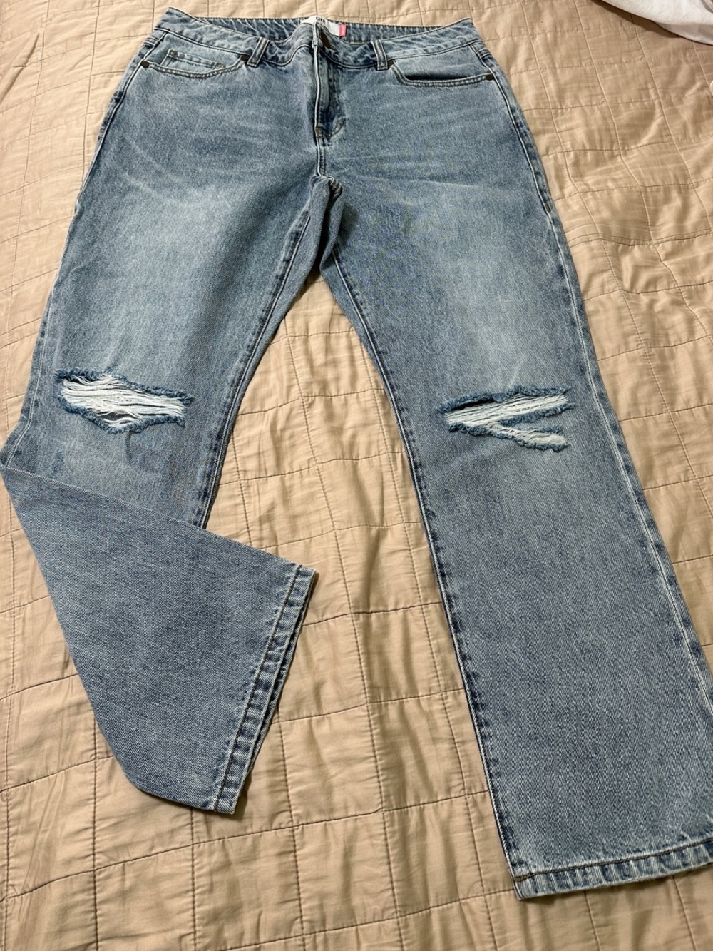 CAbi Light Blue Distressed Straight-Leg Jeans